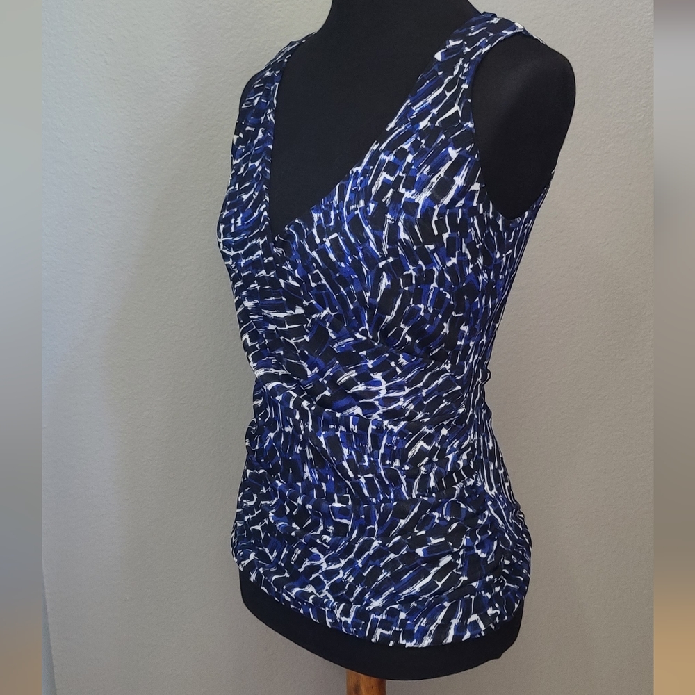 Kenneth Cole New York Blue Black Semi Sheer V Neck Faux Wrap Blouse XS